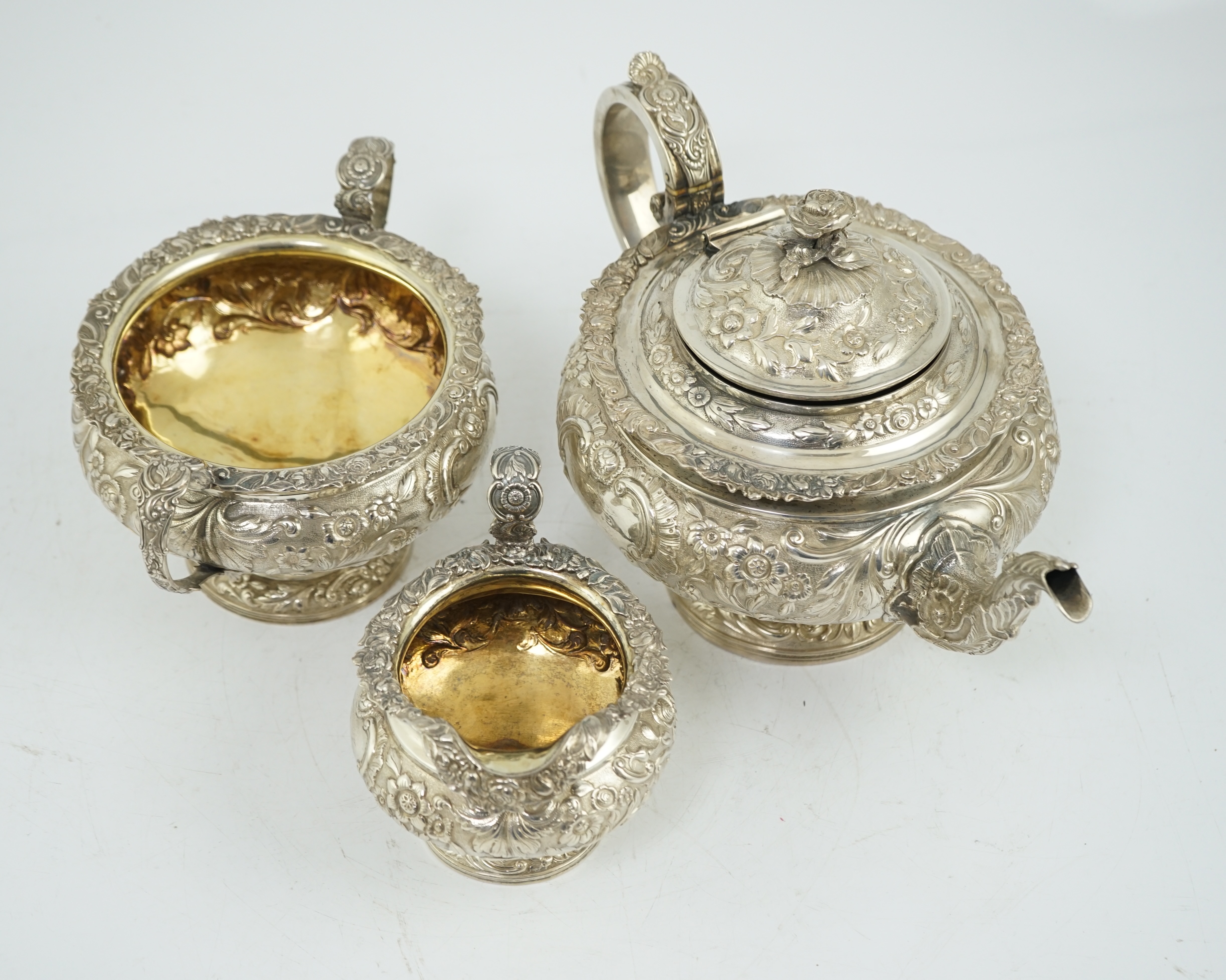 A George IV Scottish silver three piece pedestal tea set, by Peter Aitken I, CITES submission reference:T4BKA65U